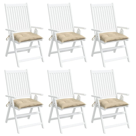 Set of 6 white folding chairs with beige cushions, perfect for outdoor furniture and lounge areas. Ideal for garden and patio use.