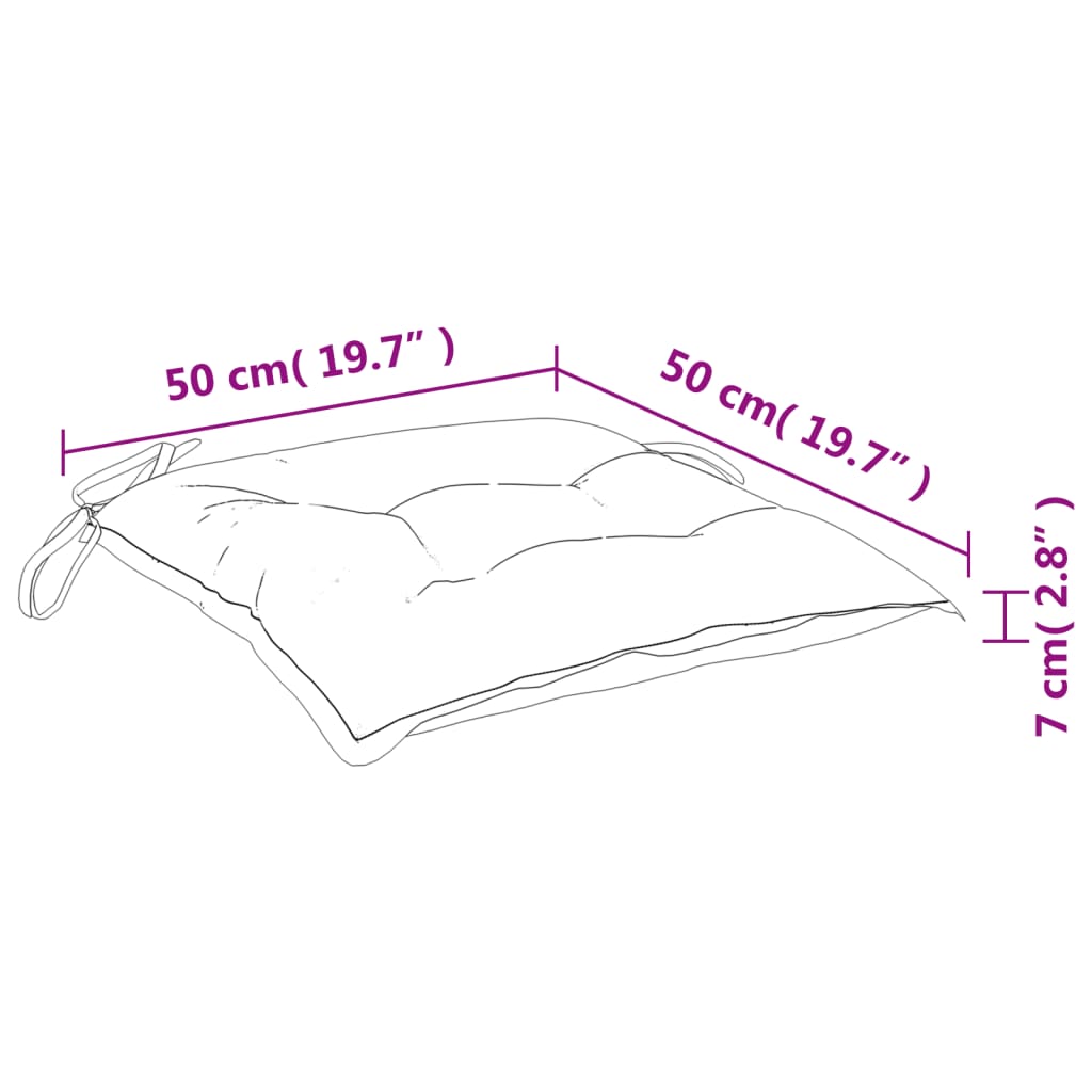 Dimensions of beige pallet cushion 50x50x7 cm, perfect for outdoor furniture and lounge areas.