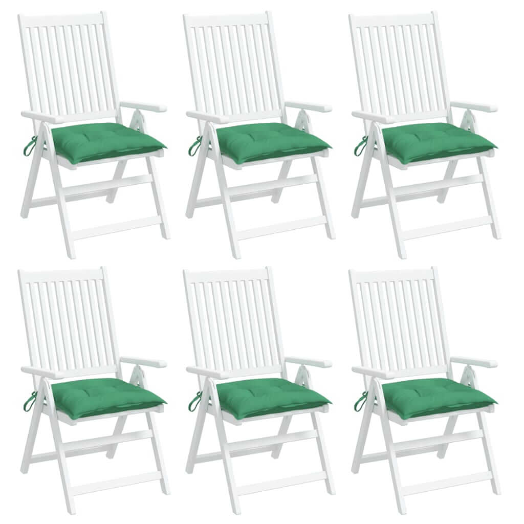 Set of 6 green outdoor pallet cushions on white folding chairs, perfect for enhancing outdoor furniture comfort.