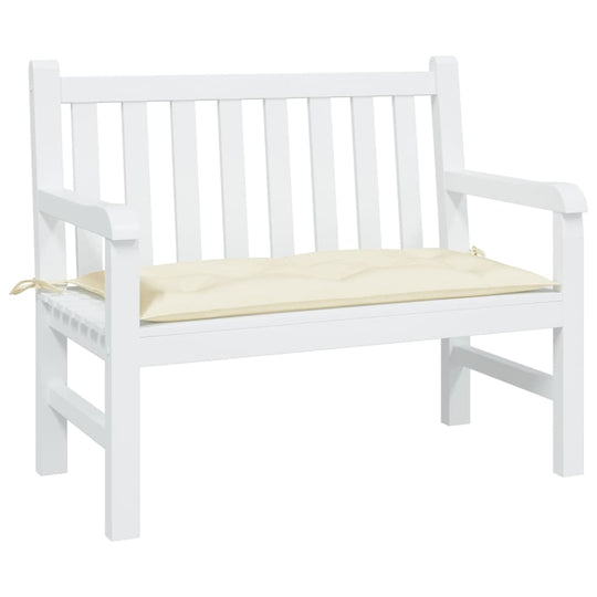 Cream garden bench cushion on a white outdoor bench, perfect for enhancing outdoor living spaces with comfort.