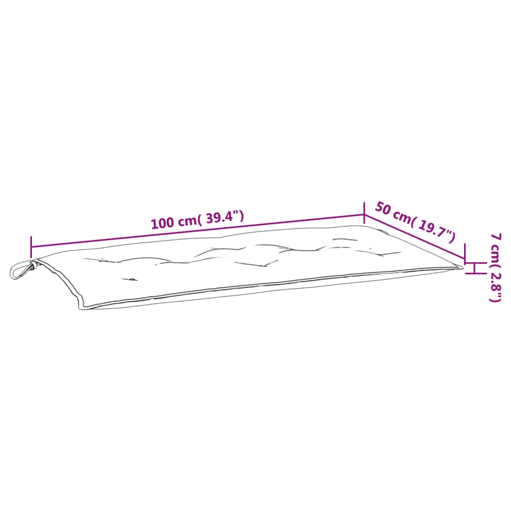 Dimensions of grey garden bench cushion 100x50x7 cm, ideal for outdoor furniture and lounge use.