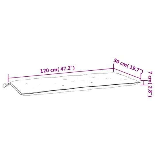 Dimensions of garden bench cushion 120x50x7 cm, ideal for outdoor furniture and lounge setups.