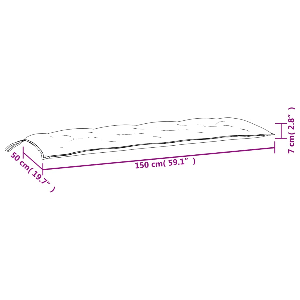 Dimensions of wine red garden bench cushion, measuring 150x50x7cm, showcasing its comfortable design for outdoor furniture.