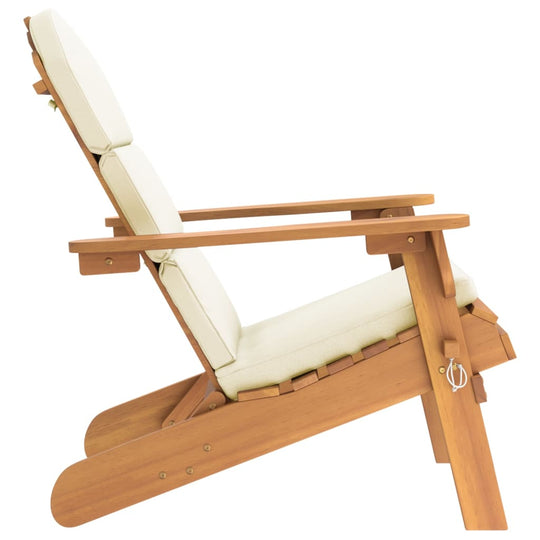 Adirondack garden chair made of solid acacia wood with cushions, designed for outdoor lounging and relaxation.