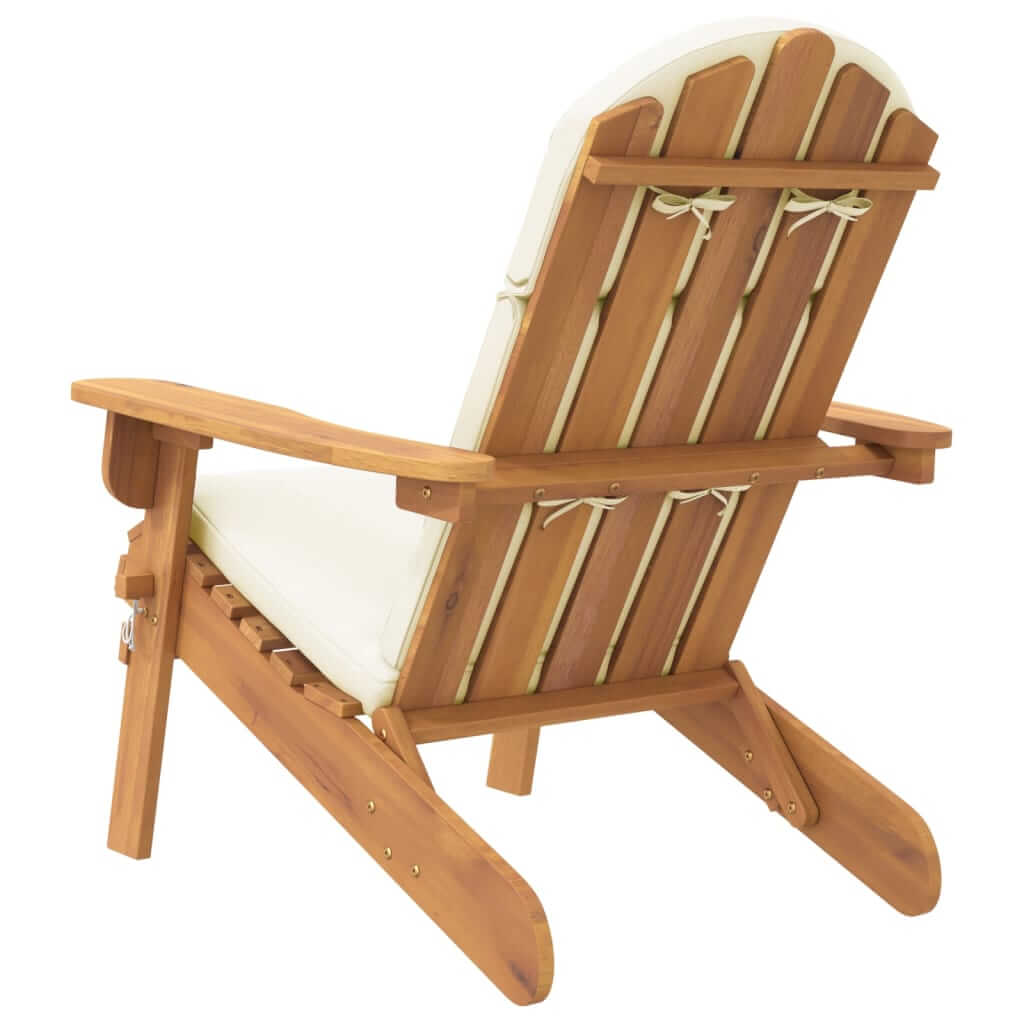 Solid wood Adirondack garden chair with cream cushions, perfect for outdoor lounge and relaxation.