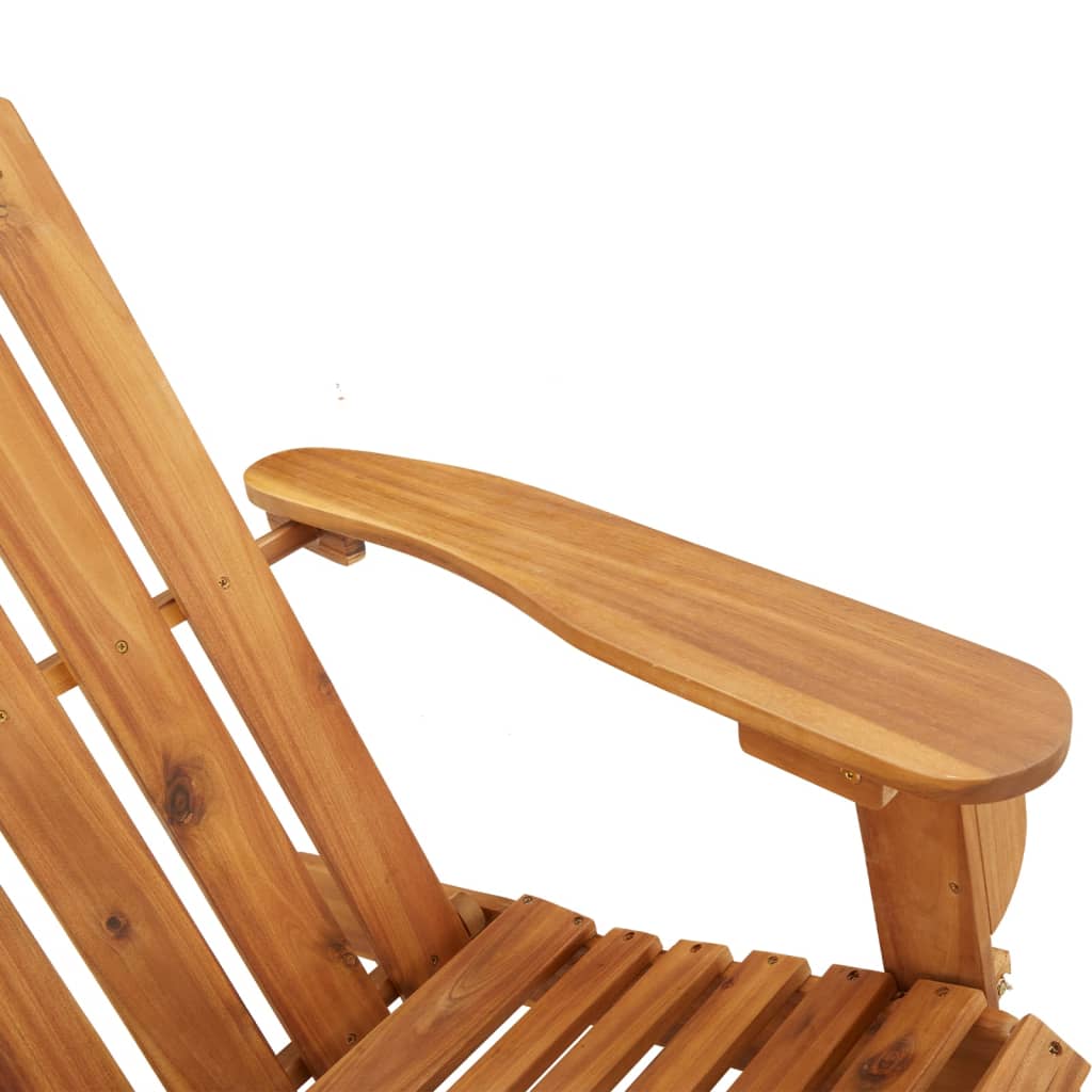 Close-up of an Adirondack garden chair made of solid acacia wood showcasing its comfortable armrest and slatted design.