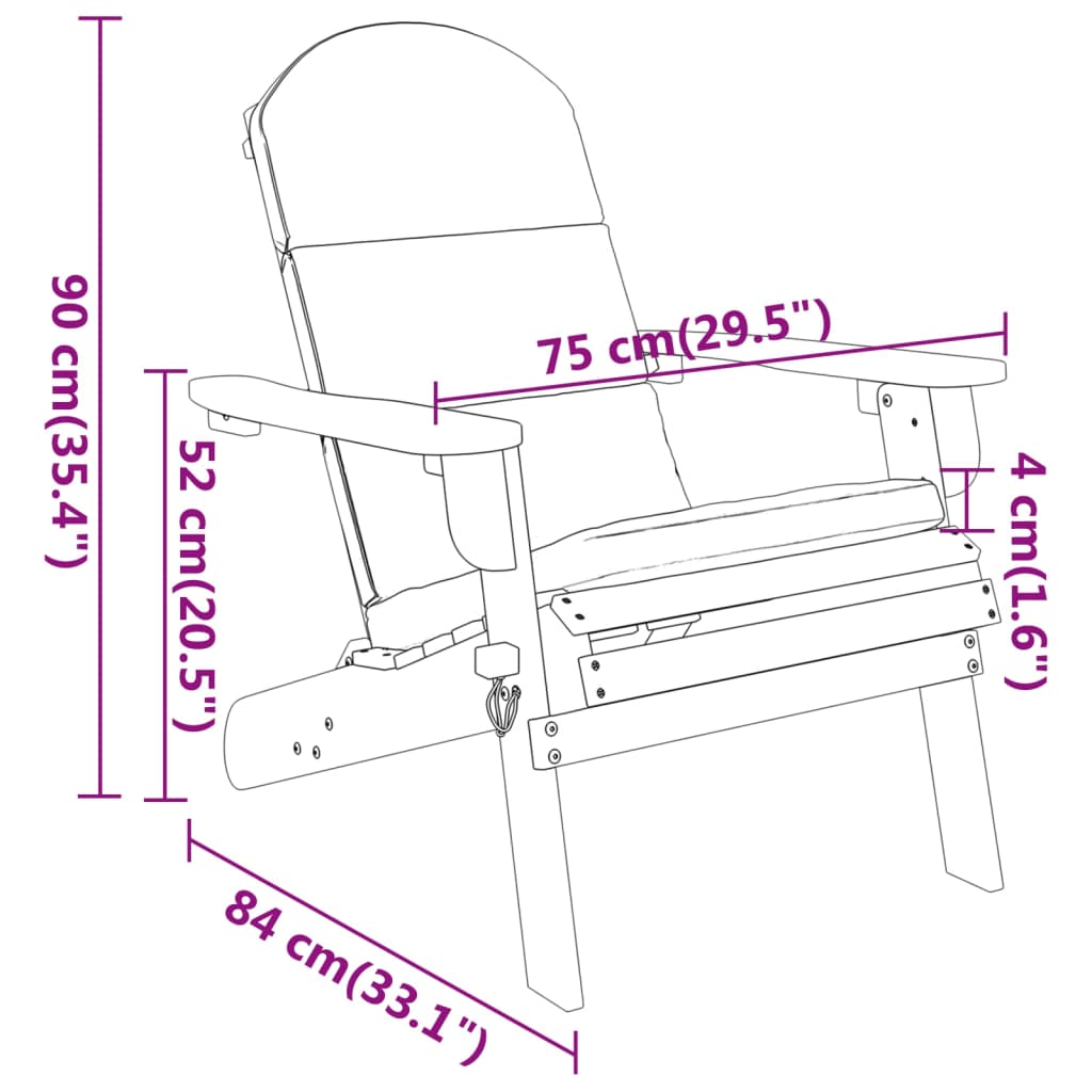 Adirondack garden chair dimensions in cm, showcasing solid acacia wood design for outdoor lounging furniture.