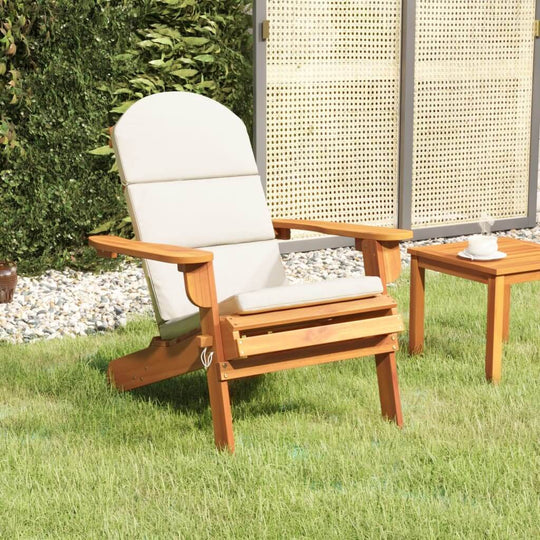 Adirondack garden chair with cushions in solid acacia wood, perfect for outdoor lounging and leisure time.