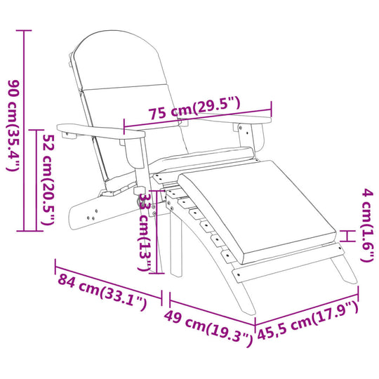 Dimensions of Adirondack garden chair with footrest, solid acacia wood, showing measurements in cm and inches for outdoor furniture guidance.