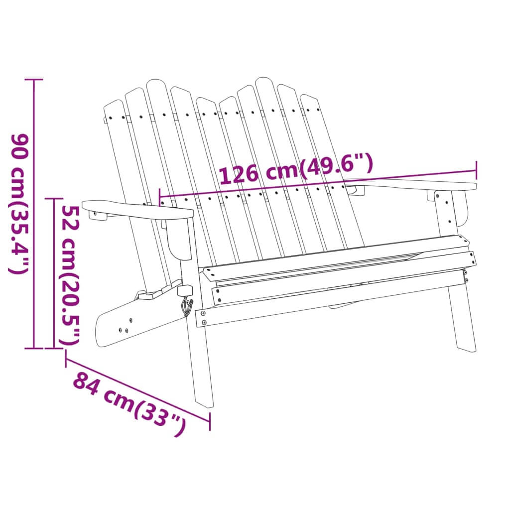 Adirondack garden bench dimensions: 126 cm width, 90 cm height, 52 cm depth, and 84 cm length, showcasing solid wood design.