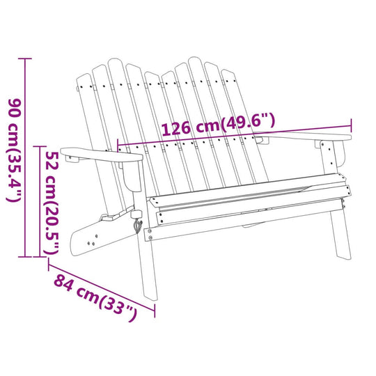 Adirondack garden bench dimensions: 126 cm width, 90 cm height, 52 cm depth, and 84 cm length, showcasing solid wood design.