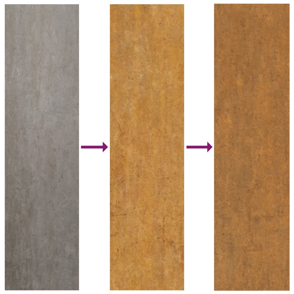 Progression of Corten steel patina from gray to rust color, showcasing the weathering effect and protective layer formation.