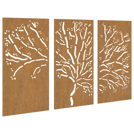 Garden Wall Decorations 3 pcs 105x55 cm Corten Steel Tree Design featuring tree patterns on weather-resistant panels.