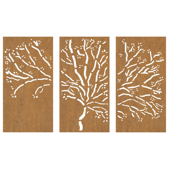 Garden Wall Decorations 3 pcs 105x55 cm Corten Steel Tree Design, decorative panels showcasing a tree pattern.