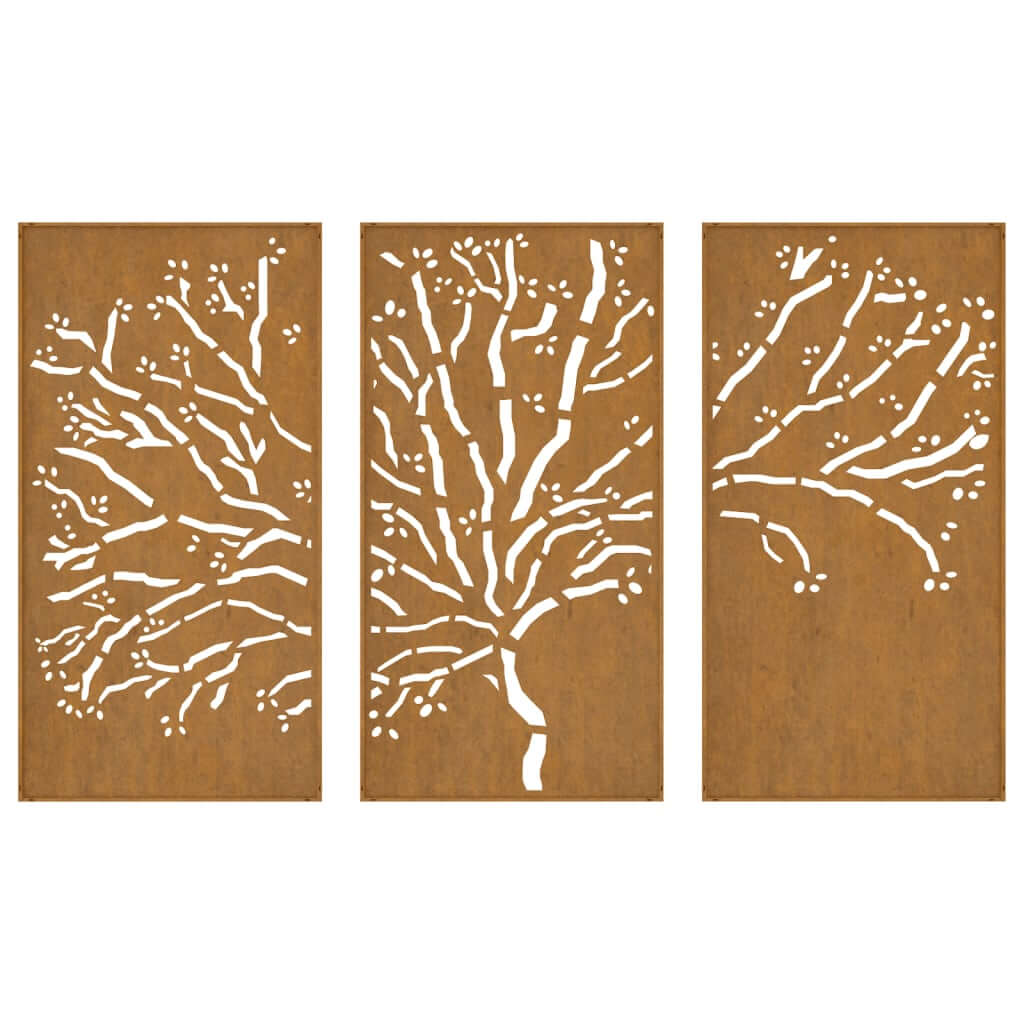 Garden Wall Decorations 3 pcs 105x55 cm Corten Steel Tree Design adding aesthetic appeal to outdoor spaces.