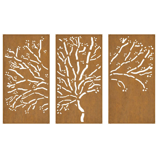 Garden Wall Decorations 3 pcs 105x55 cm Corten Steel Tree Design adding aesthetic appeal to outdoor spaces.