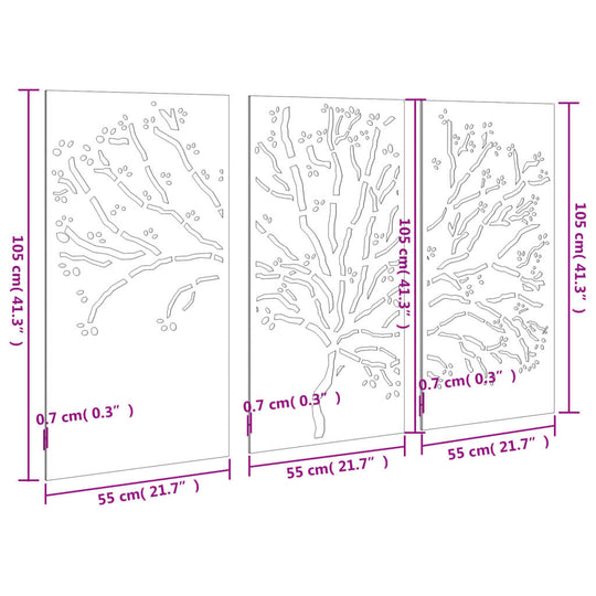 Garden Wall Decorations 3 pcs 105x55 cm Corten Steel Tree Design dimensions and layout diagram