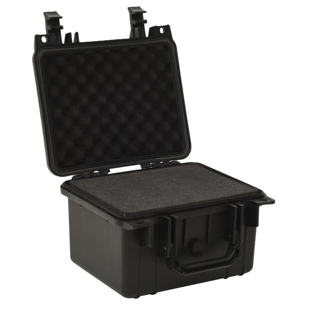 Portable black flight case with protective foam interior and lockable lid, ideal for travel and secure storage.