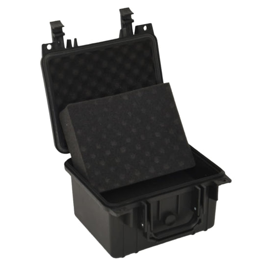 Portable black flight case with protective foam insert, ideal for safe transportation of valuable items.