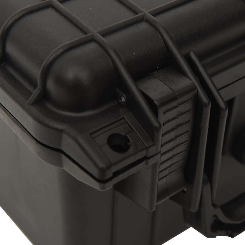 Close-up of a lockable black portable flight case, showcasing heavy-duty protection features and durable design.