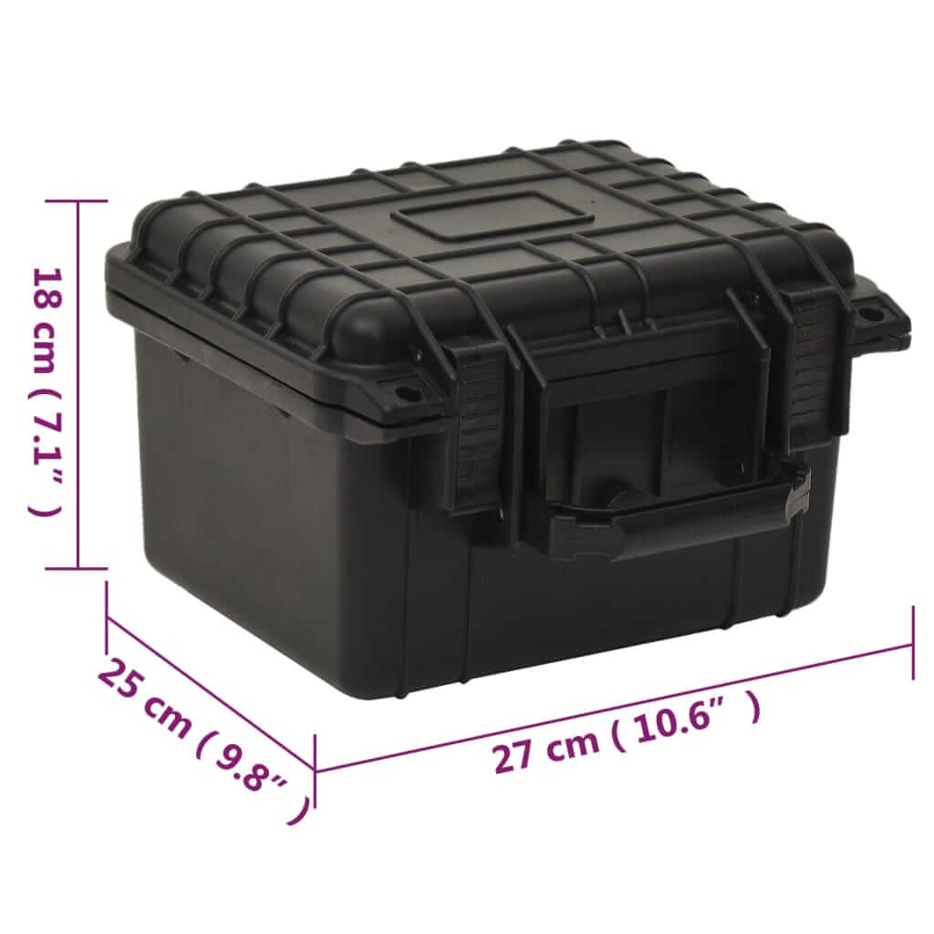 Portable black flight case measuring 27x25x18 cm, designed for protective storage and easy transportation of valuable items.