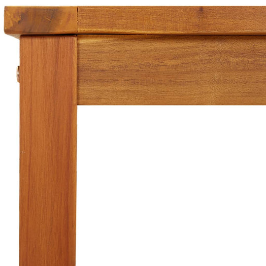 Close-up of solid acacia wood frame for outdoor garden bench, showcasing its sturdy construction and natural finish.