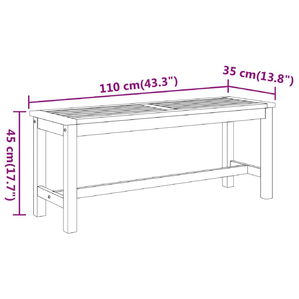 Garden bench dimensions 110x35x45 cm, solid wood acacia design for outdoor furniture and lounge use.