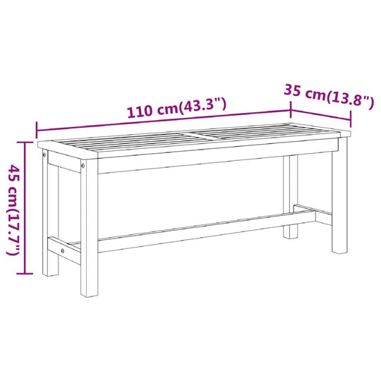 Garden bench dimensions 110x35x45 cm, solid wood acacia design for outdoor furniture and lounge use.