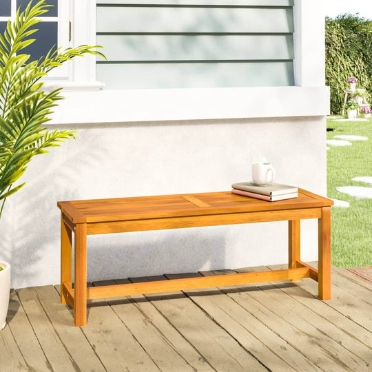 Solid wood acacia garden bench, 110x35x45 cm, perfect for outdoor lounge and furniture decor, enhancing backyard aesthetics.