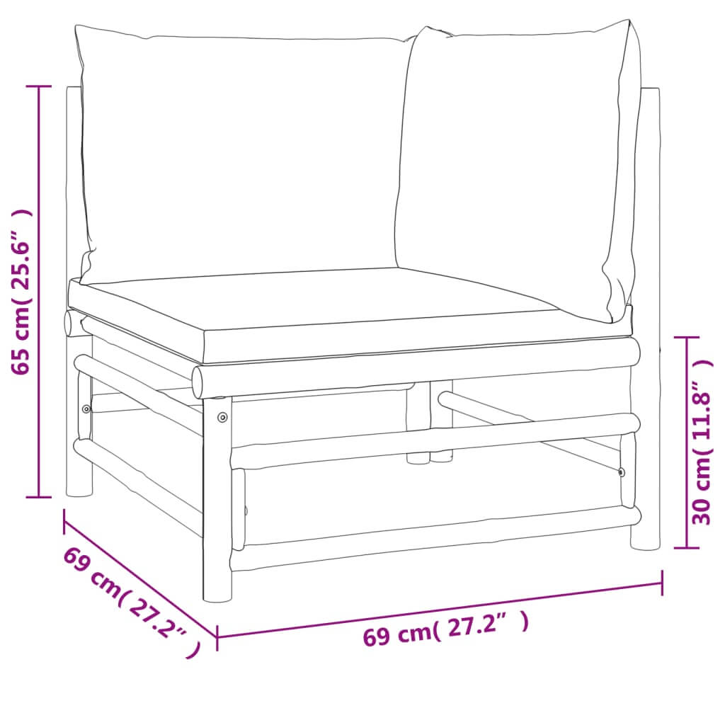 Two-piece garden lounge set dimensions: 69 cm x 69 cm x 65 cm with light grey cushions on a bamboo frame.