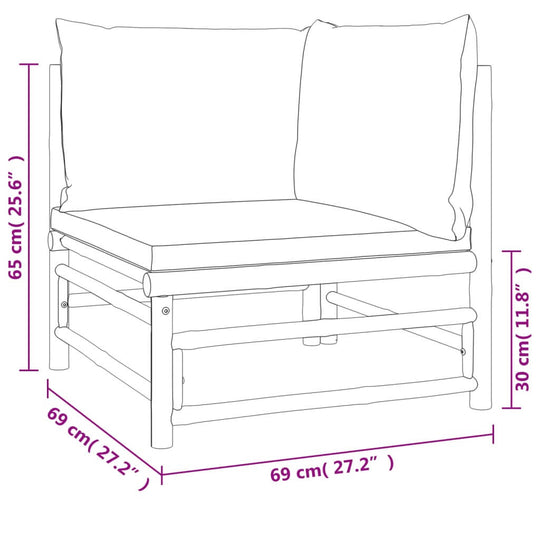 Two-piece garden lounge set dimensions: 69 cm x 69 cm x 65 cm with light grey cushions on a bamboo frame.