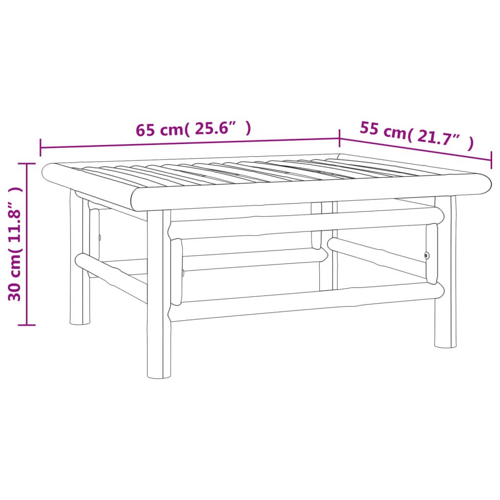 Dimensions of a bamboo garden lounge table with a width of 65 cm, depth of 55 cm, and height of 30 cm, shown in line drawing.