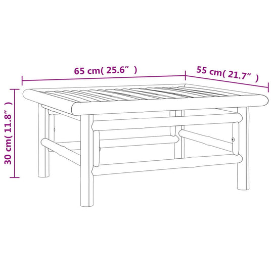 Dimensions of a bamboo garden lounge table with a width of 65 cm, depth of 55 cm, and height of 30 cm, shown in line drawing.