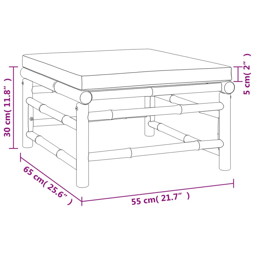 Dimensions of a light grey cushion bamboo garden footstool, measuring 30 cm high, 65 cm wide, and 55 cm deep.