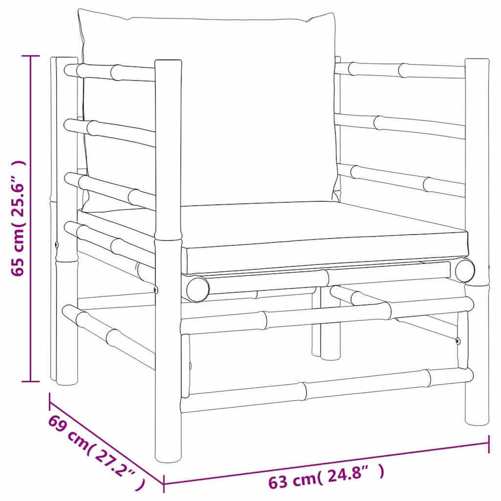 Garden Sofa with Light Cushions Bamboo - Diagram with measurements, including width 63 cm, depth 69 cm, and height 65 cm.