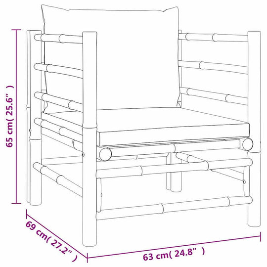 Garden Sofa with Light Cushions Bamboo - Diagram with measurements, including width 63 cm, depth 69 cm, and height 65 cm.
