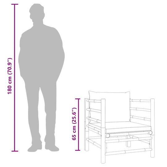Size comparison of Garden Sofa with Light Cushions Bamboo against a 180 cm silhouette.