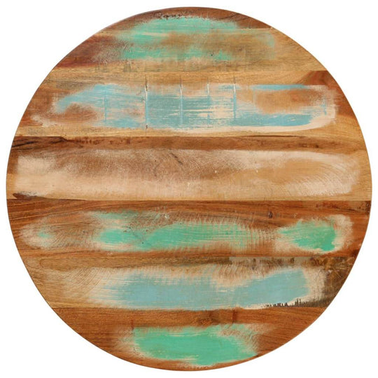 Round solid wood coffee table top with unique reclaimed wood patterns and turquoise accents, perfect for industrial lounge furniture.