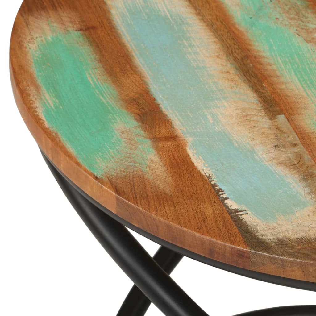 Close-up of reclaimed wood coffee table top with teal and natural wood finish, showcasing unique handmade texture.