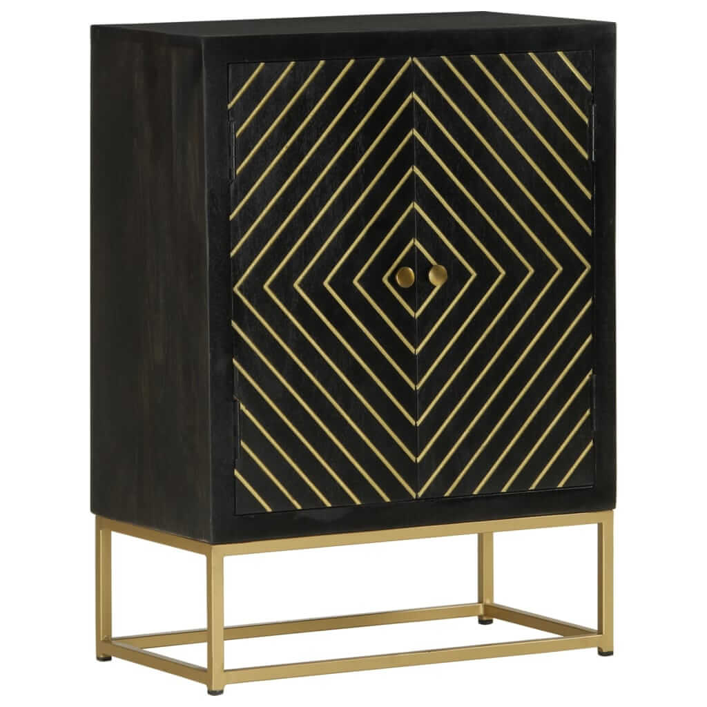 Black and gold geometric sideboard cabinet with two doors, crafted from solid mango wood, ideal for modern furniture spaces.