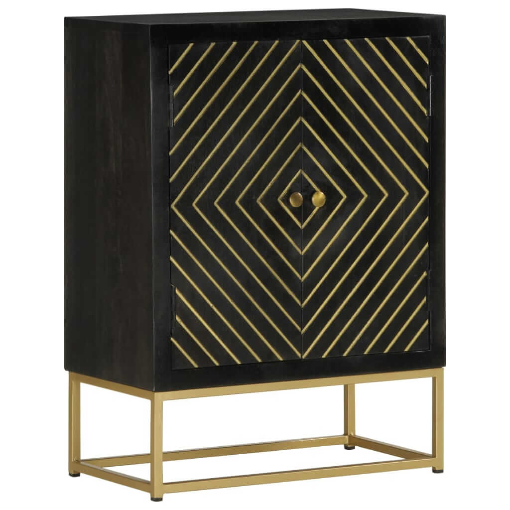 Sideboard cabinet with black and gold geometric design, solid wood construction, and ample storage, ideal for stylish home decor.