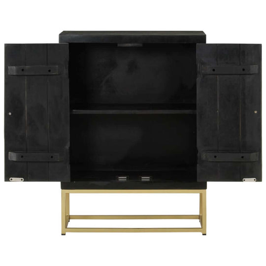 Black and gold sideboard cabinet with two doors and ample storage space, made of solid mango wood. Perfect for furniture decor.