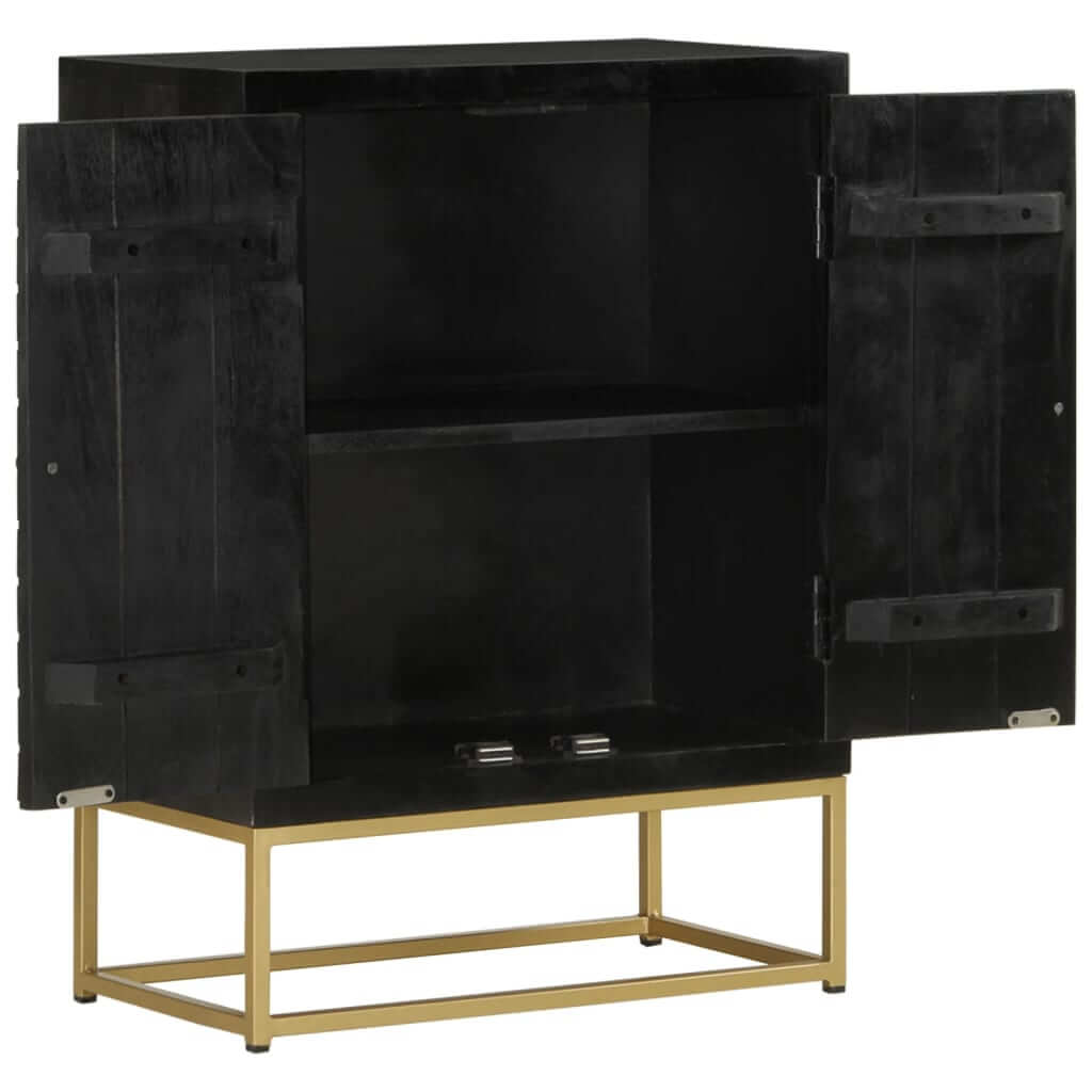 Black and gold sideboard cabinet with two doors and ample storage space, made of solid mango wood.