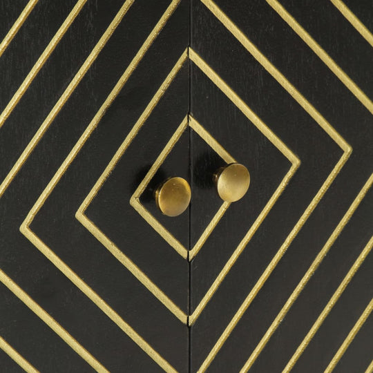 Close-up of black and gold sideboard doors with geometric design and brass knobs, showcasing stylish cabinet details.