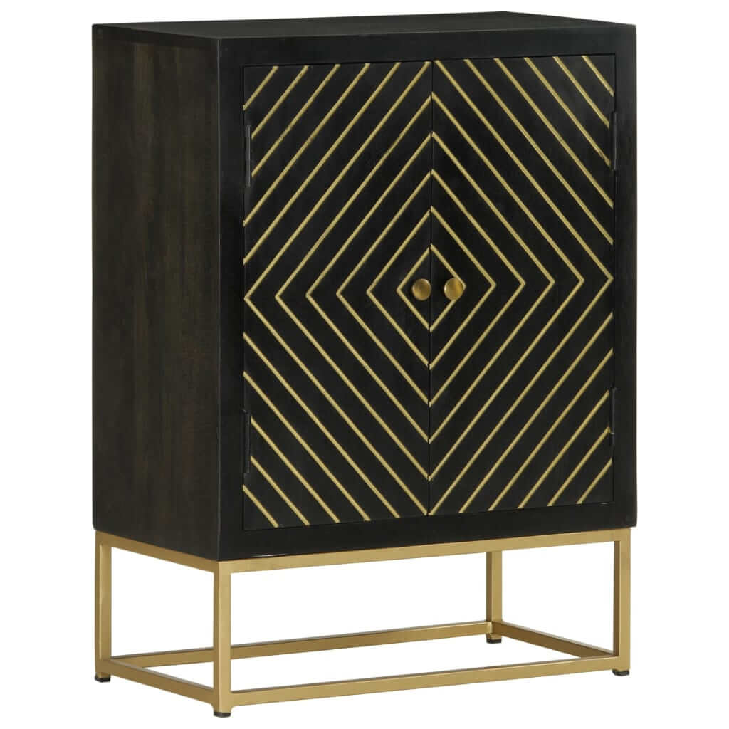 Black and gold sideboard with geometric design and two doors, perfect for storage and home decor.