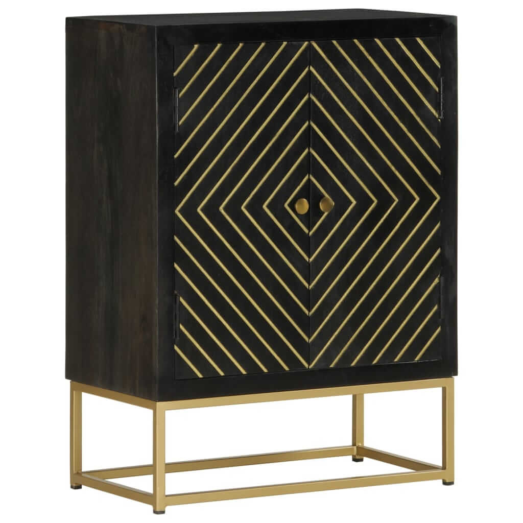 Black and gold sideboard with geometric design and two doors, made of solid mango wood, perfect for stylish storage.