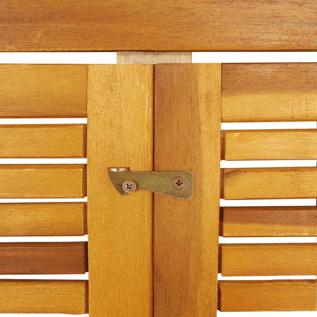 Close-up of the wooden slats and latch on a solid acacia garbage bin shed, showcasing its durable construction.