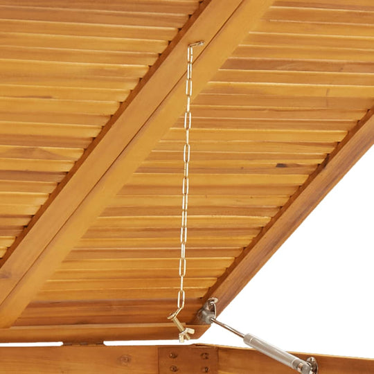 Close-up of the chain mechanism supporting the lid of a solid acacia wood garbage bin shed for easy access.