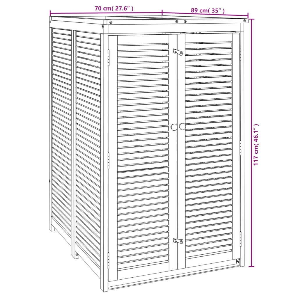 Dimensions of a single garbage bin shed made of solid acacia wood, measuring 70x89x117 cm, with a slatted design.