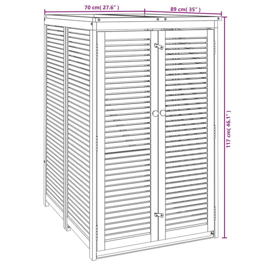 Dimensions of a single garbage bin shed made of solid acacia wood, measuring 70x89x117 cm, with a slatted design.